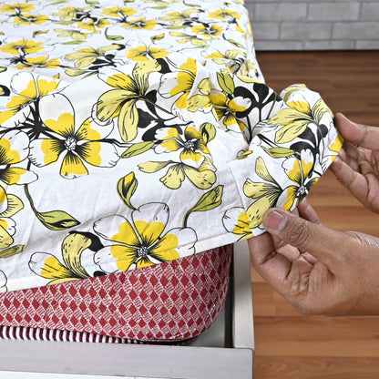 Golden Daffodil Floral 144 TC Cotton King Fitted Bedsheet With 2 Pillowcovers