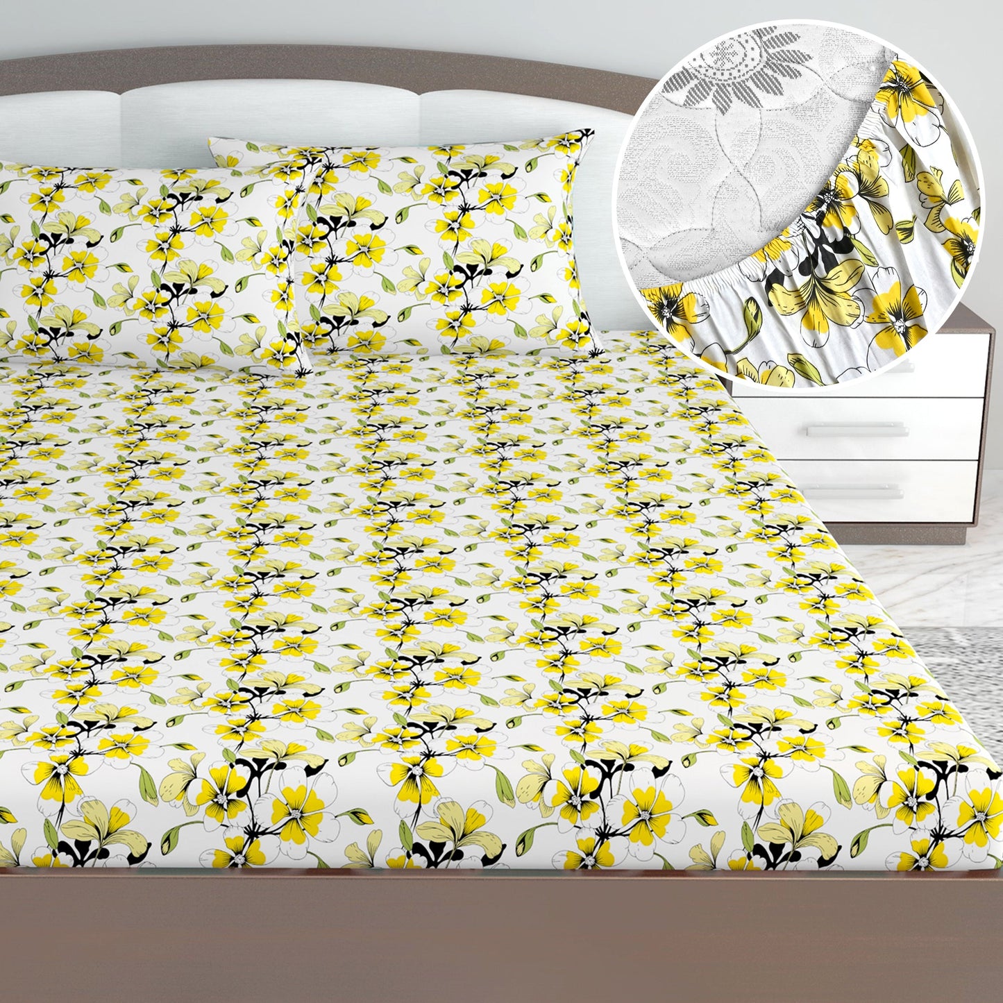 Golden Daffodil Floral 144 TC Cotton King Fitted Bedsheet With 2 Pillowcovers