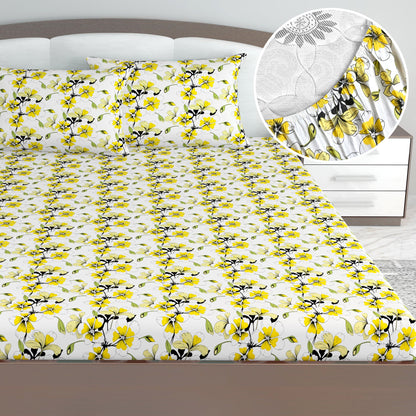 Golden Daffodil Floral 144 TC Cotton King Fitted Bedsheet With 2 Pillowcovers