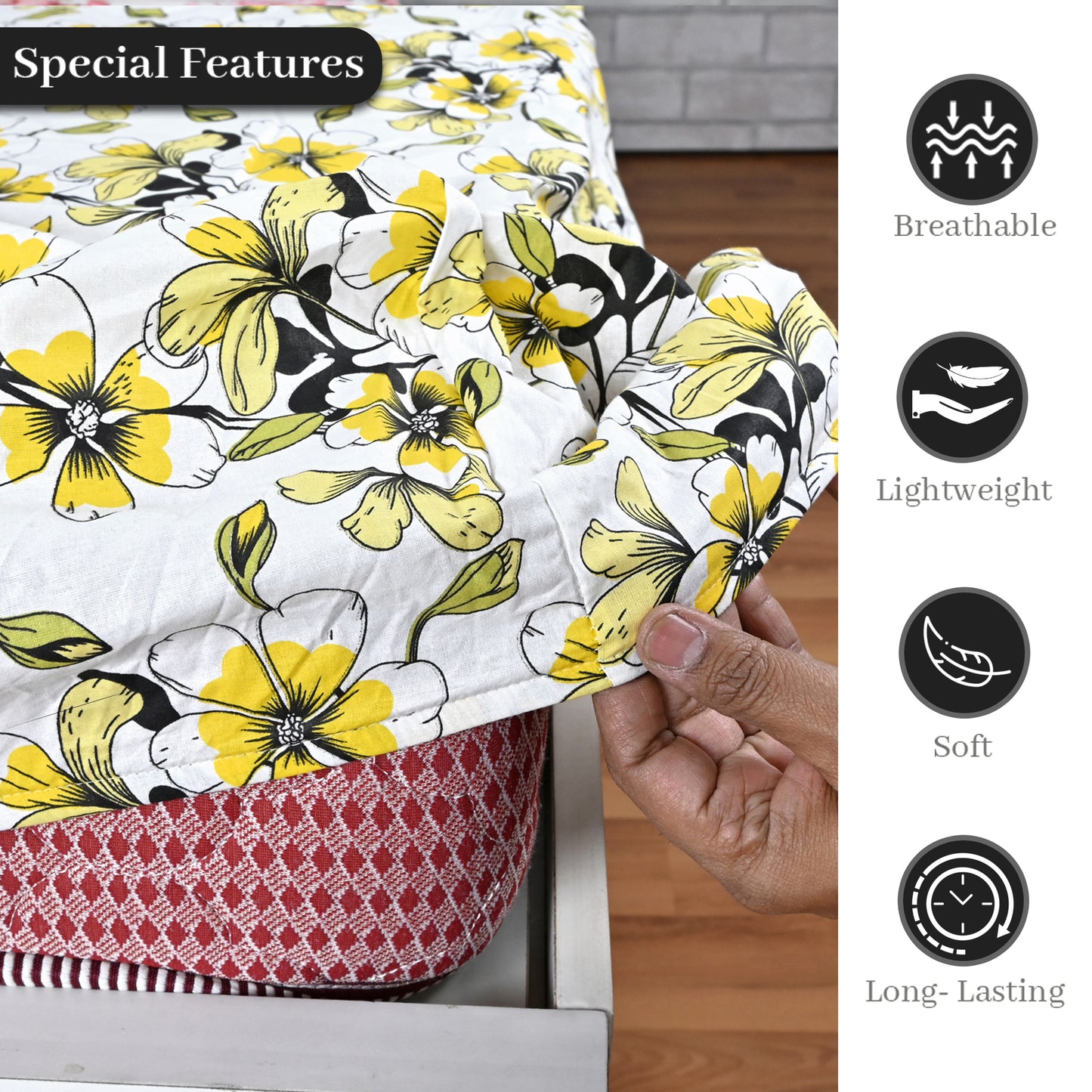 Golden Daffodil Floral 144 TC Cotton King Fitted Bedsheet With 2 Pillowcovers