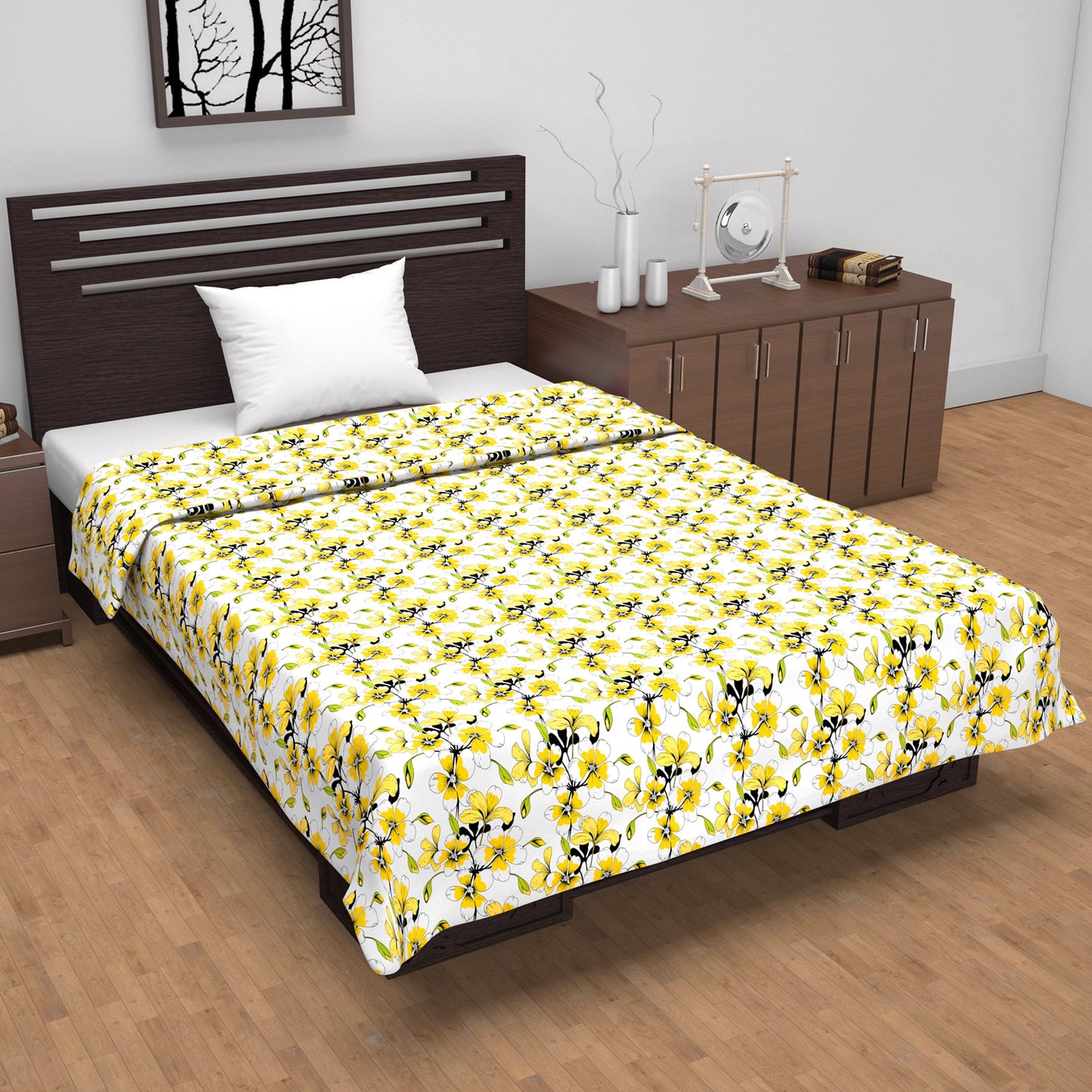 Golden Daffodil Floral Single Cotton Dohar – 144 TC Pure Cotton