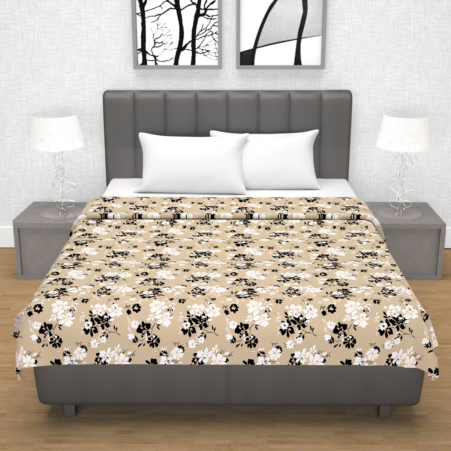 Beige Sunflower Floral Double Bed Dohar – 120 GSM Cotton