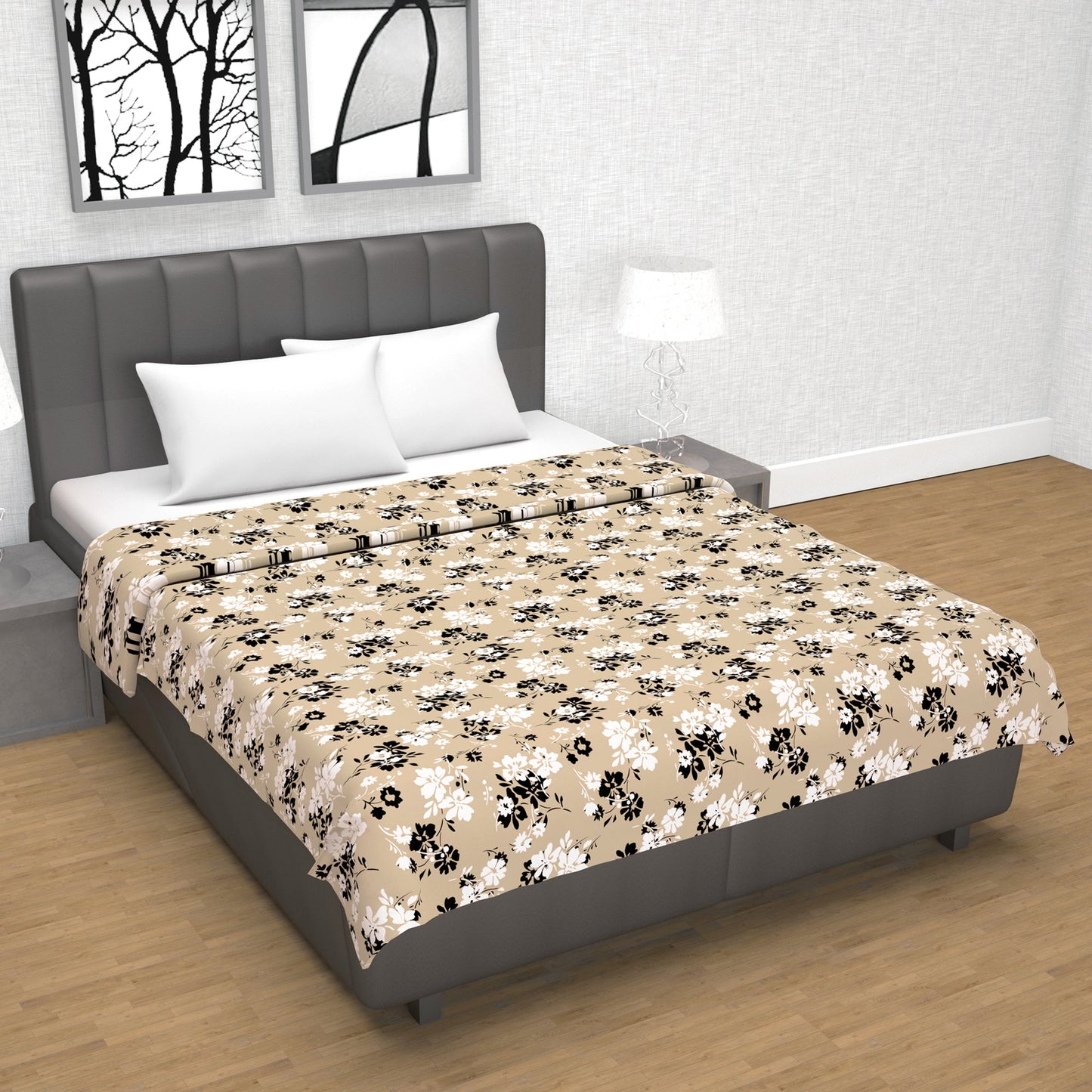 Beige Sunflower Floral Double Bed Dohar – 120 GSM Cotton