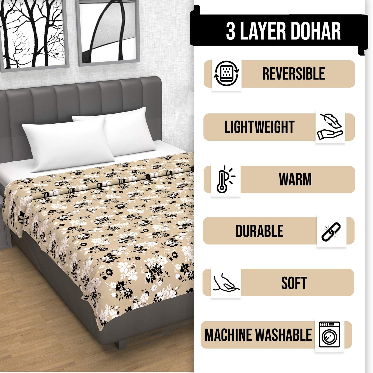 Beige Sunflower Floral Double Bed Dohar – 120 GSM Cotton