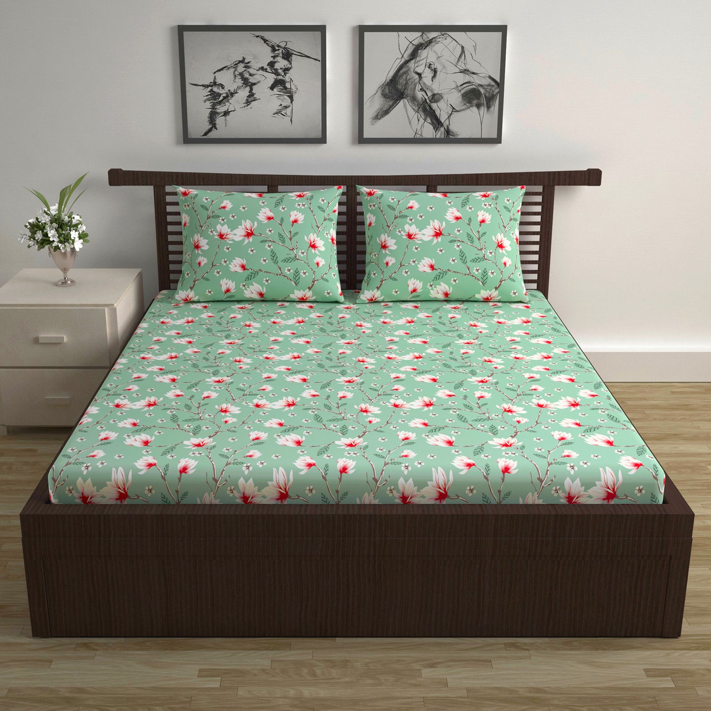 Blossom Haven Mint Elegant Double Bed Bedsheet