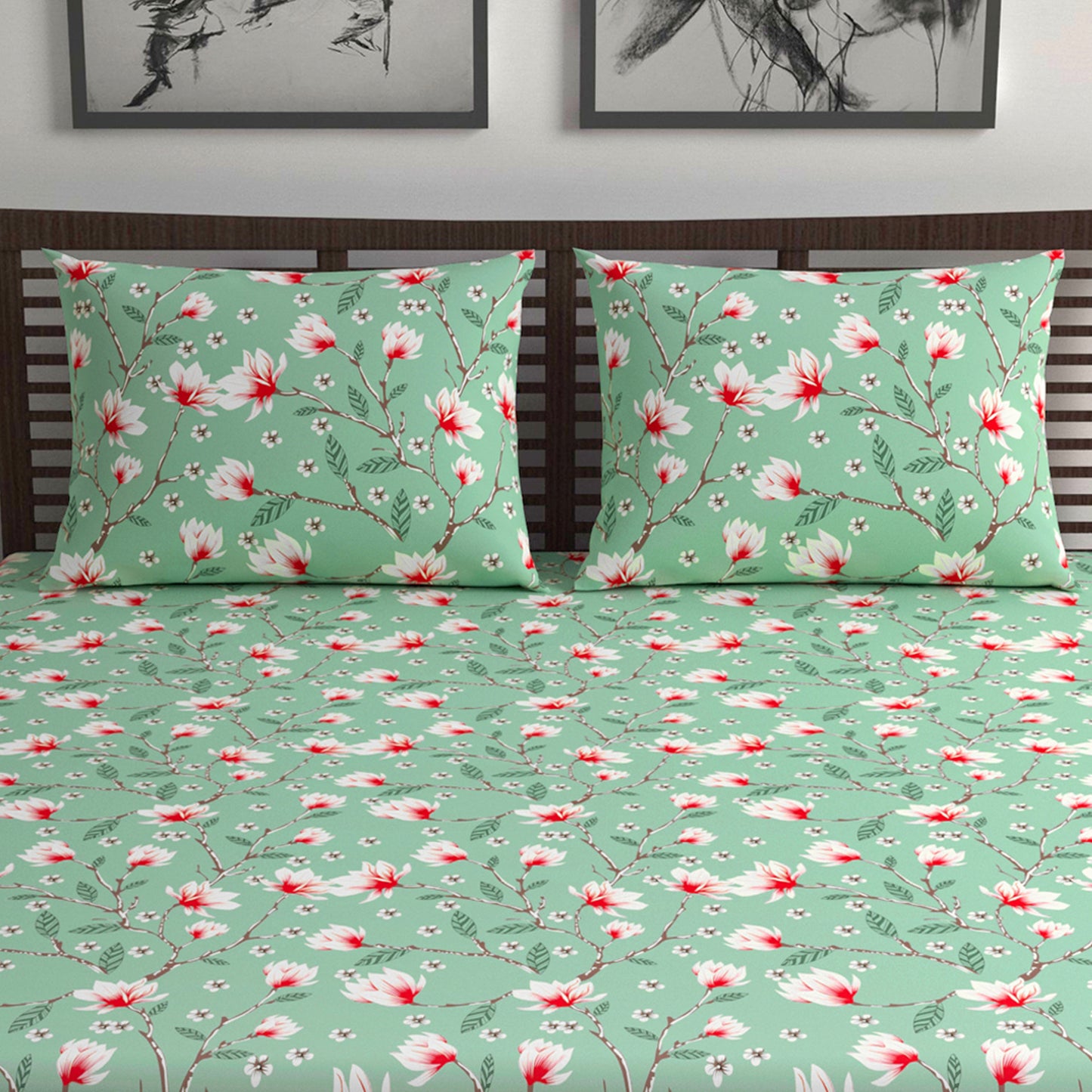 Blossom Haven Mint Elegant Double Bed Bedsheet