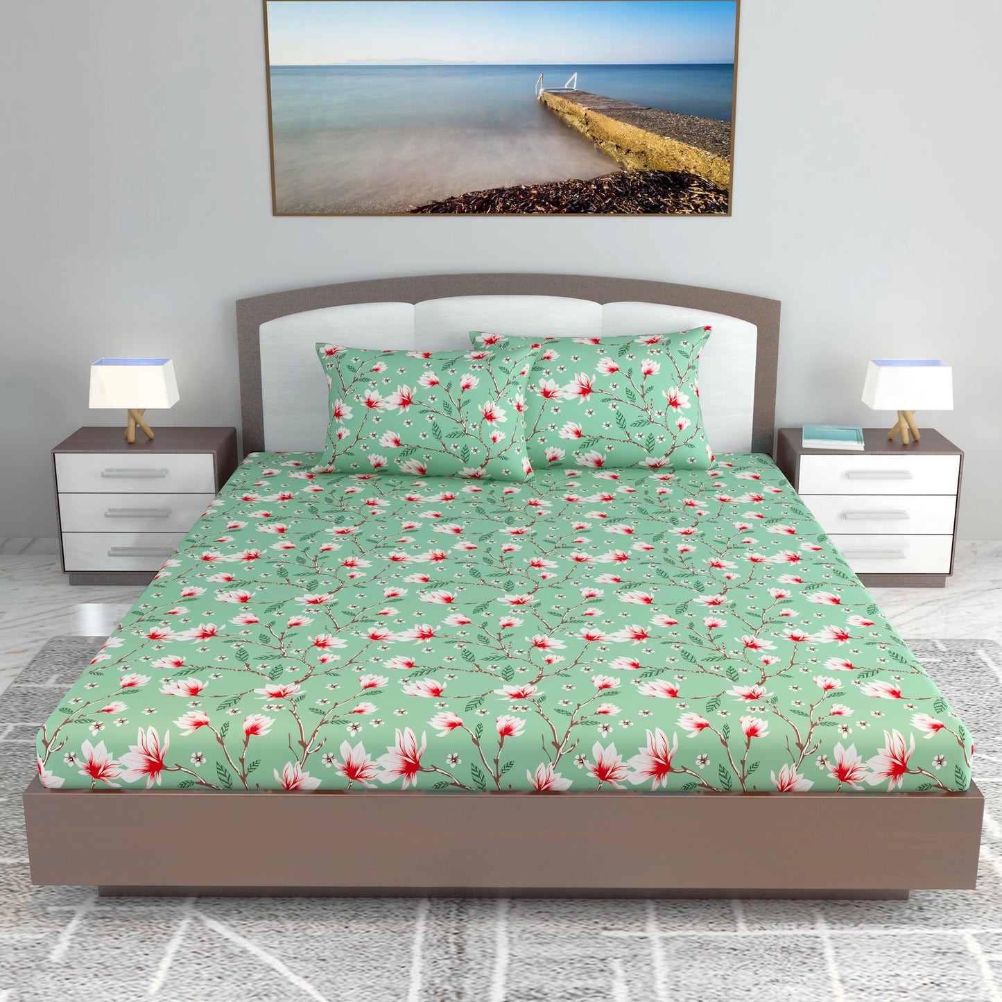 Blossom Haven Mint Elegant King Size Bed Bedsheet