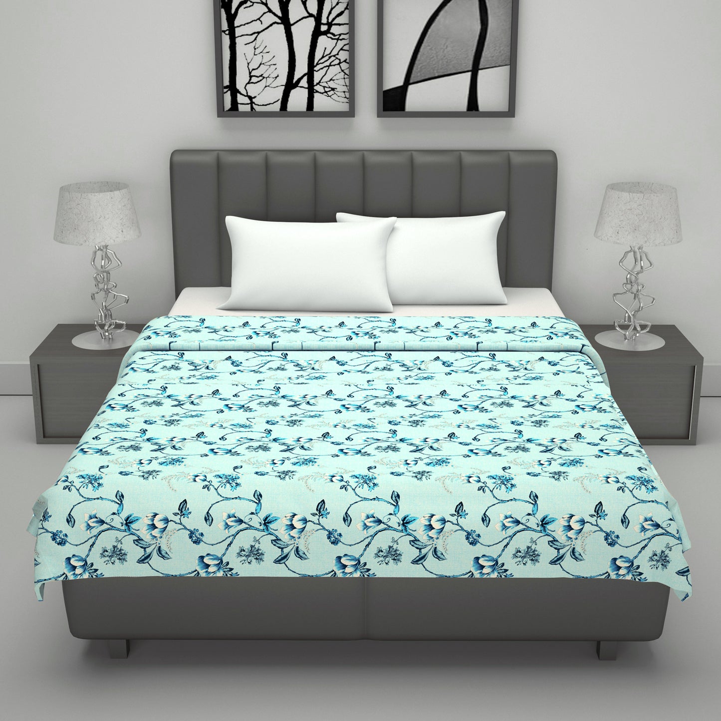 Frost Blue Floral Double Bed Dohar – 120 GSM Cotton
