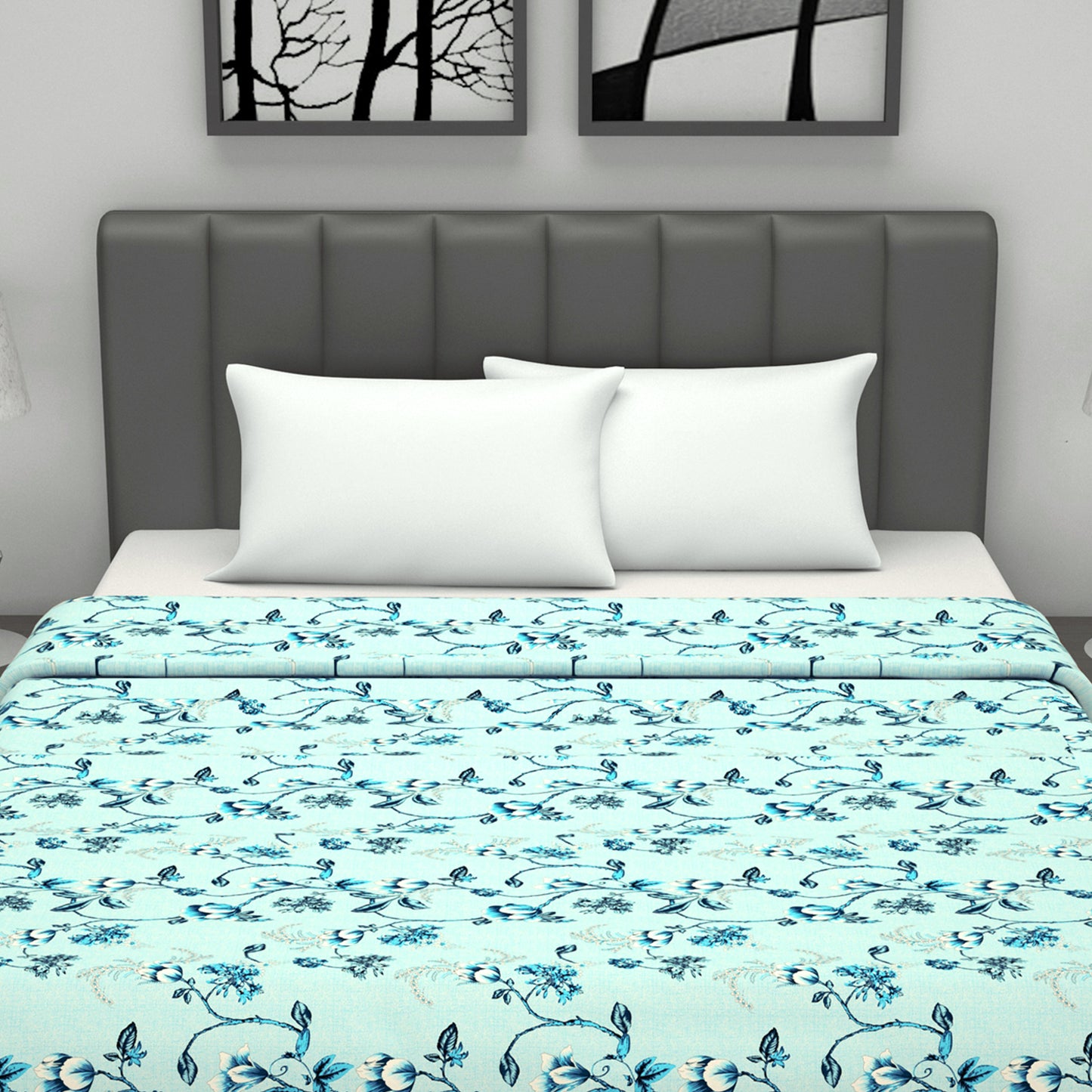 Frost Blue Floral Double Bed Dohar – 120 GSM Cotton