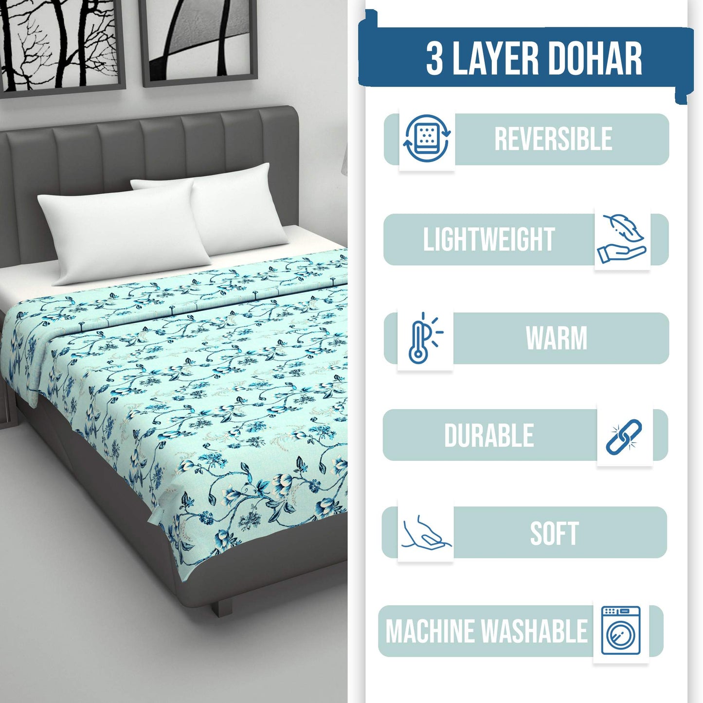 Frost Blue Floral Double Bed Dohar – 120 GSM Cotton