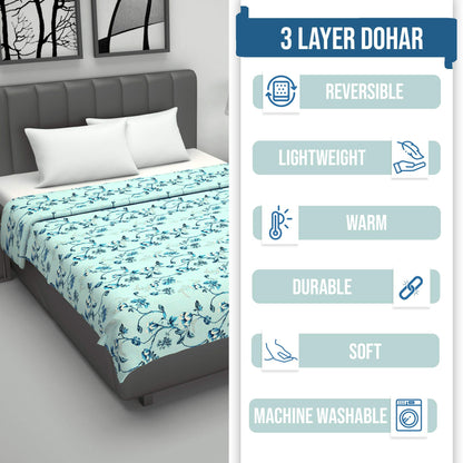 Frost Blue Floral Double Bed Dohar – 120 GSM Cotton