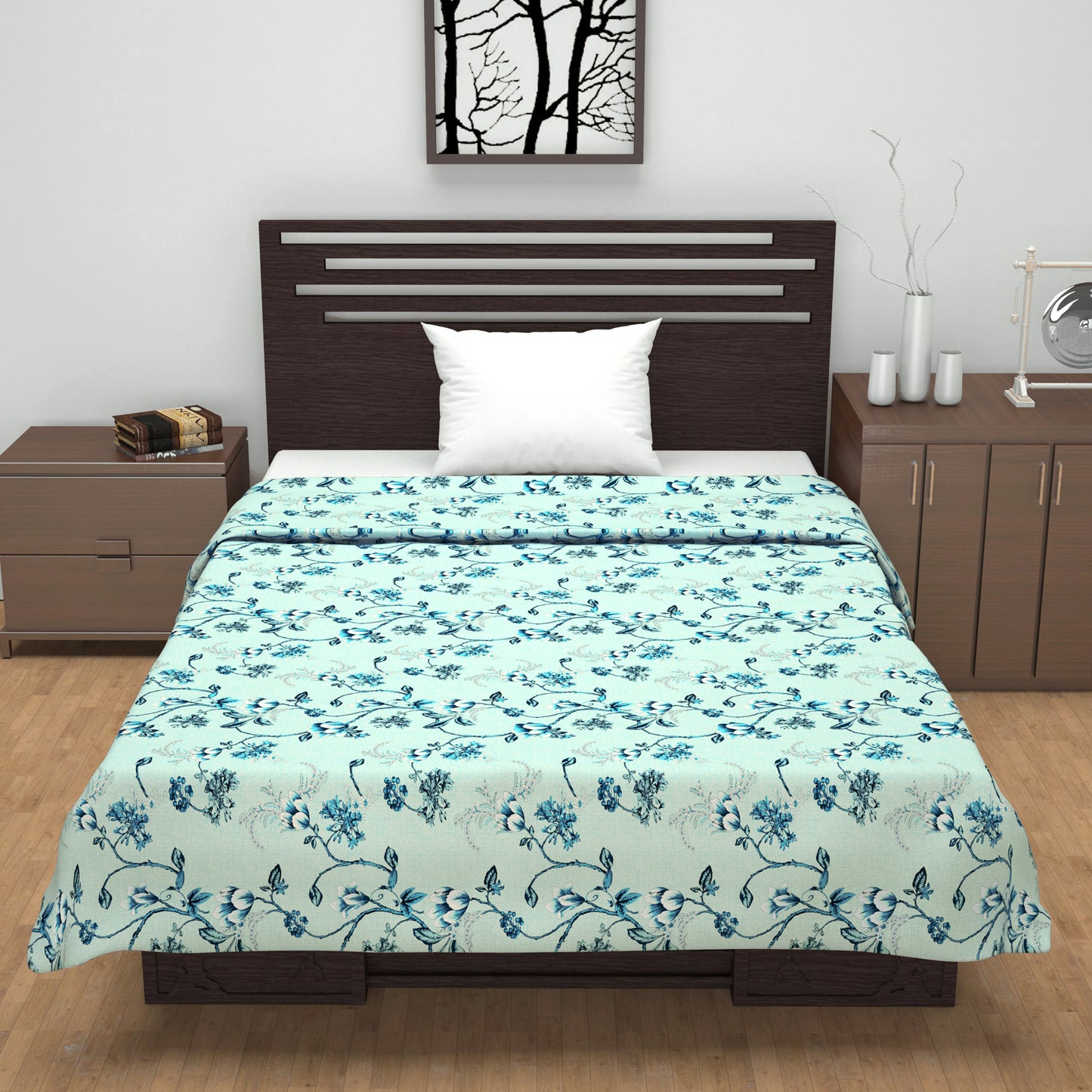 Frost Blue Floral Single Bed Dohar – 120 GSM Cotton