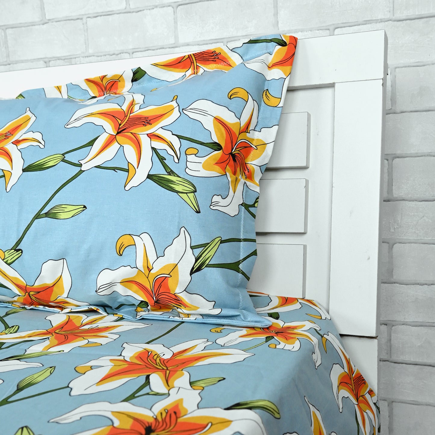 Soft Sky Blue Floral Print 144 TC Cotton Single Bed Bedsheet