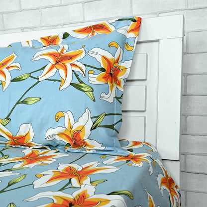 Soft Sky Blue Floral Print 144 TC Cotton Single Bed Bedsheet
