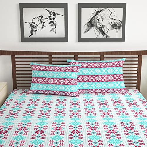 Aqua Scarlet Floral 144 TC Polycotton Double Bedsheet With 2 Pillowcovers