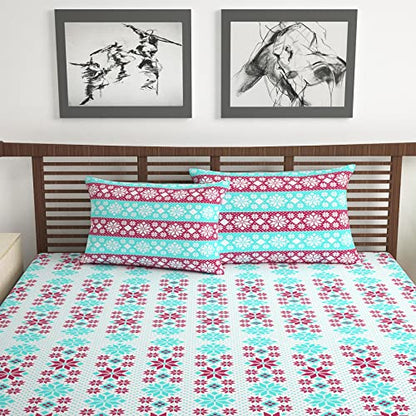 Aqua Scarlet Floral 144 TC Polycotton Double Bedsheet With 2 Pillowcovers