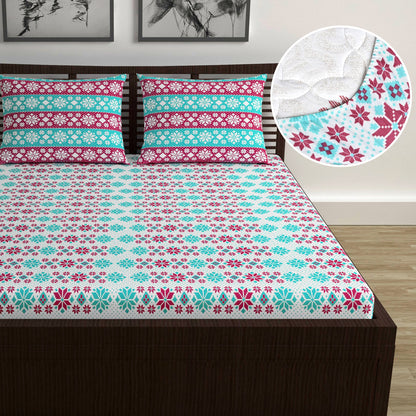 Aqua Scarlet Floral 144 TC Polycotton Double Fitted Bedsheet With 2 Pillowcovers