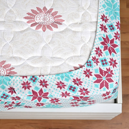 Aqua Scarlet Floral 144 TC Polycotton Double Fitted Bedsheet With 2 Pillowcovers