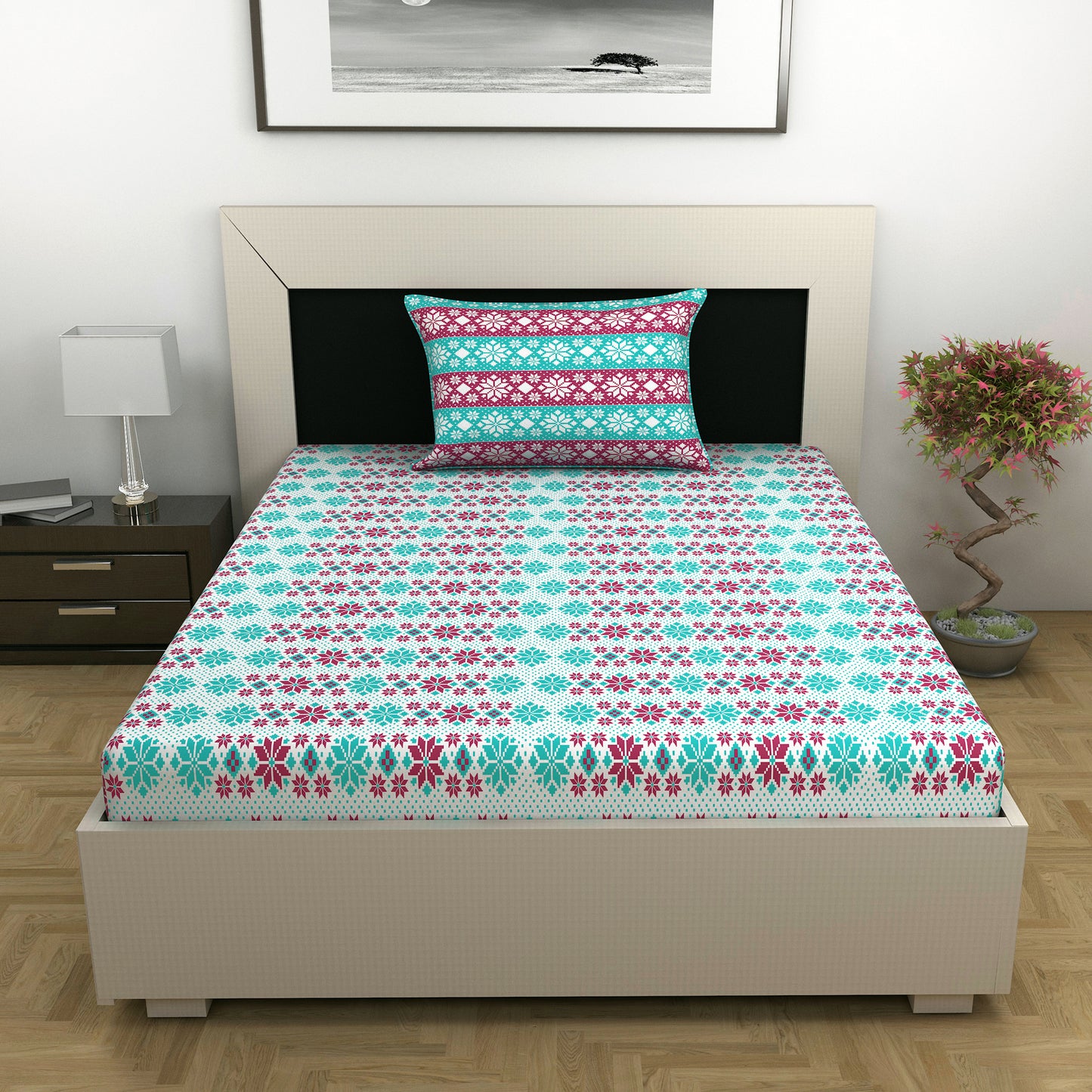 Aqua Scarlet Floral 144 TC Polycotton Single Bedsheet With 1 Pillowcover