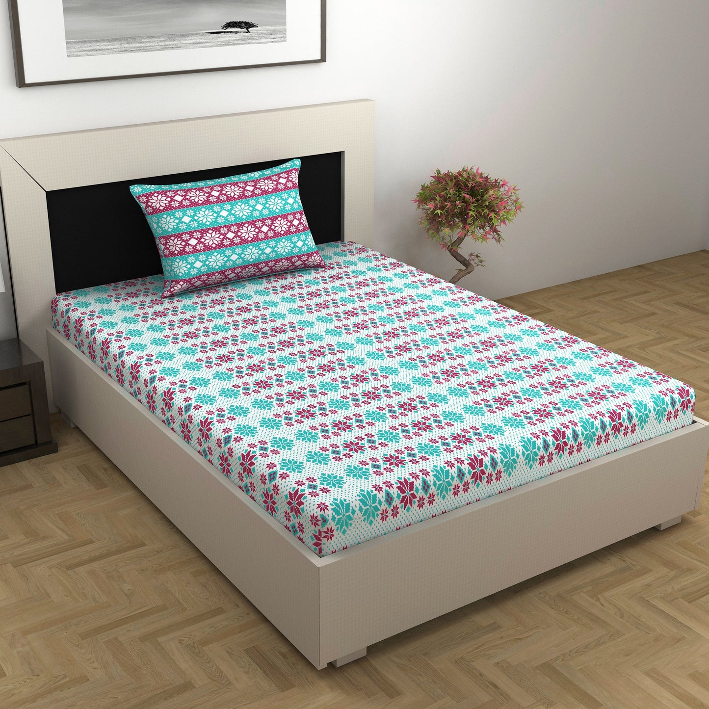 Aqua Scarlet Floral 144 TC Polycotton Single Bedsheet With 1 Pillowcover