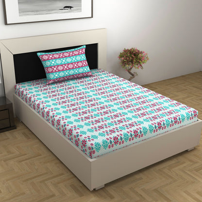 Aqua Scarlet Floral 144 TC Polycotton Single Bedsheet With 1 Pillowcover