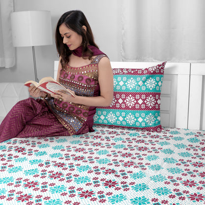 Aqua Scarlet Floral 144 TC Polycotton Double Bedsheet With 2 Pillowcovers