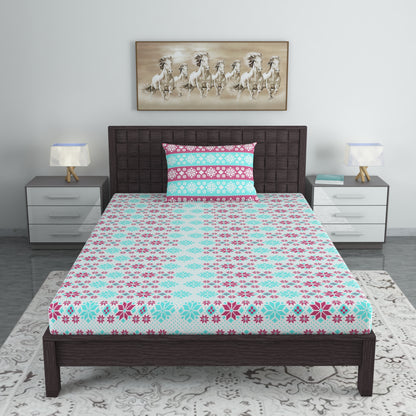 Aqua Scarlet Floral 144 TC Polycotton Single Bedsheet With 1 Pillowcover