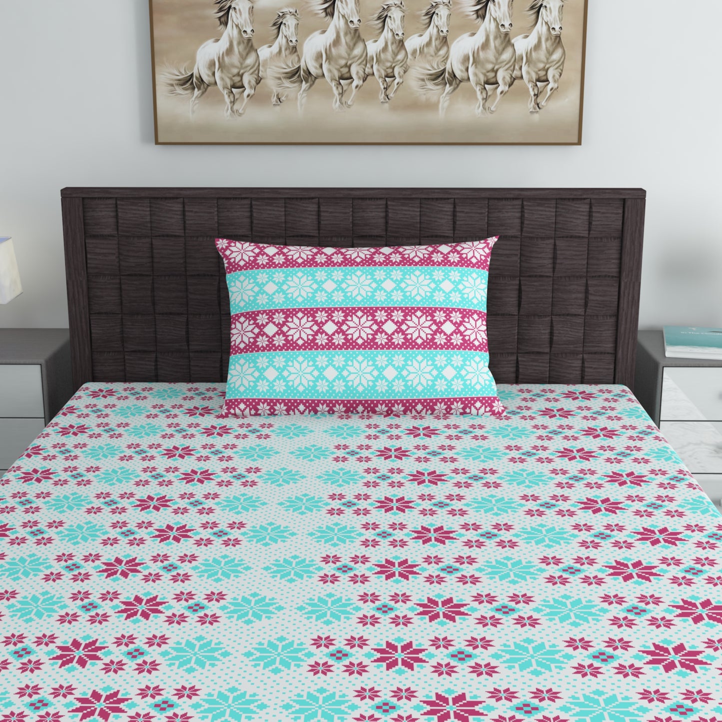 Aqua Scarlet Floral 144 TC Polycotton Single Bedsheet With 1 Pillowcover