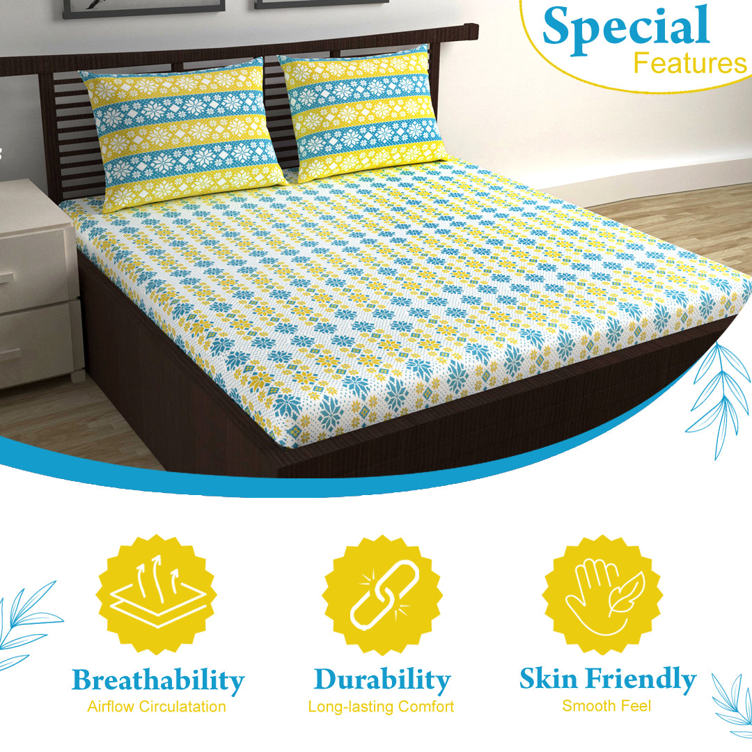 Royal Blue Gold Floral 144 TC Polycotton Double Bedsheet With 2 Pillowcovers