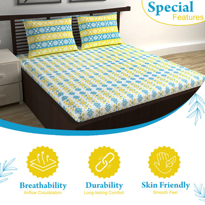 Royal Blue Gold Floral 144 TC Polycotton Double Bedsheet With 2 Pillowcovers