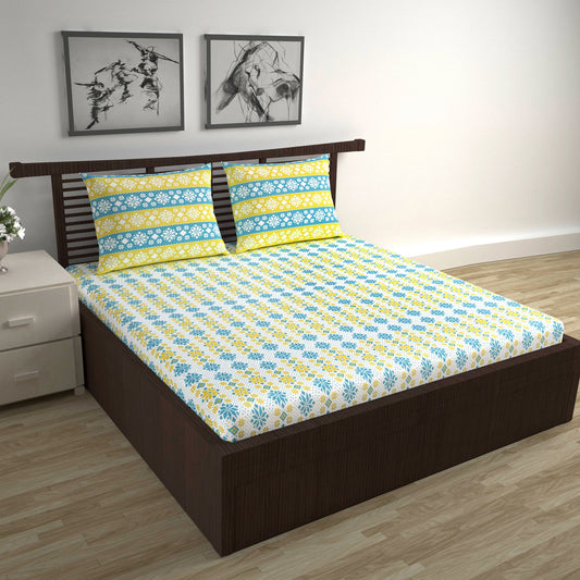 Royal Blue Gold Floral 144 TC Polycotton Double Bedsheet With 2 Pillowcovers