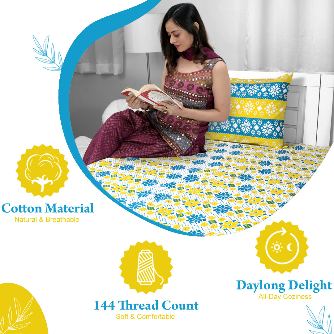 Royal Blue Gold Floral 144 TC Polycotton Double Bedsheet With 2 Pillowcovers