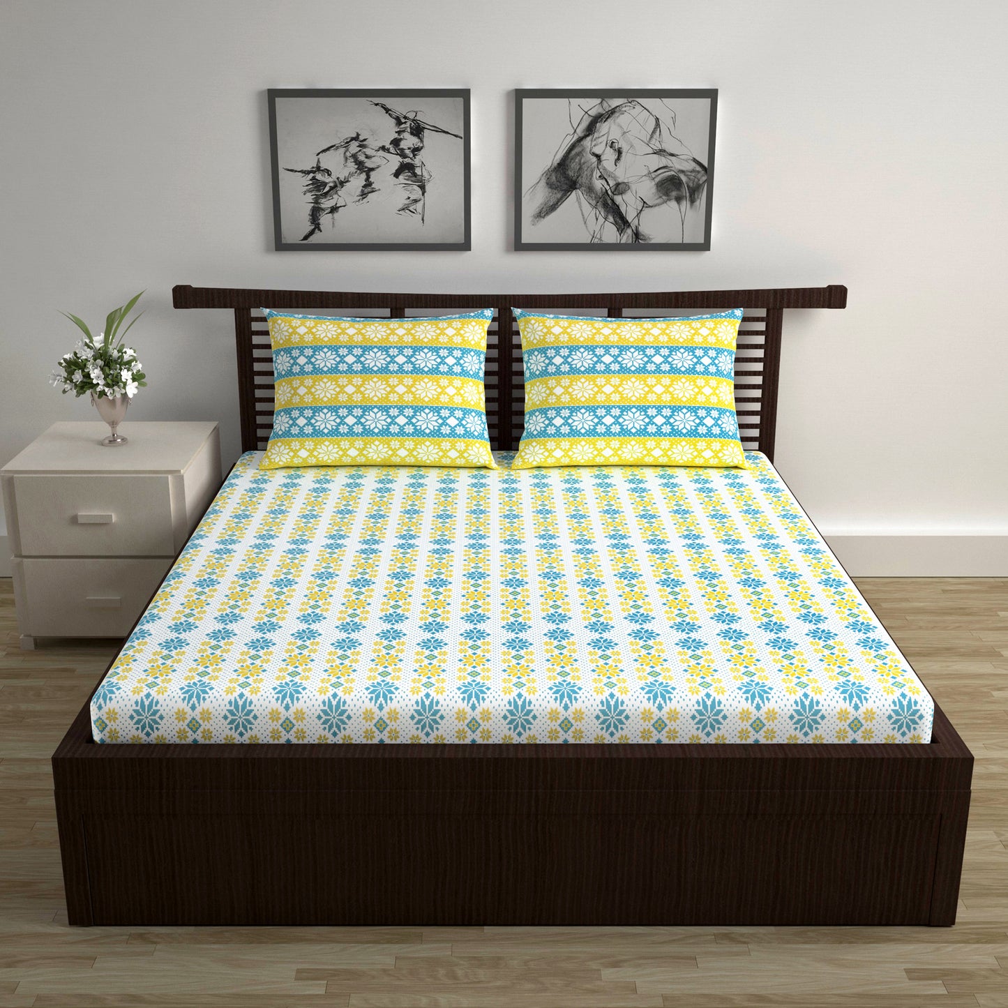 Royal Blue Gold Floral 144 TC Polycotton Double Bedsheet With 2 Pillowcovers