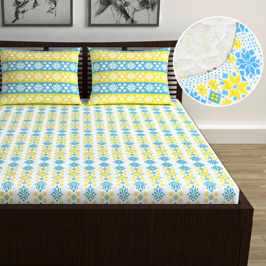 Azure Gold Floral 144 TC Polycotton Double Fitted Bedsheet With 2 Pillowcovers