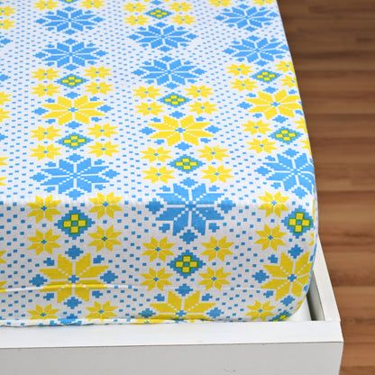 Azure Gold Floral 144 TC Polycotton Double Fitted Bedsheet With 2 Pillowcovers