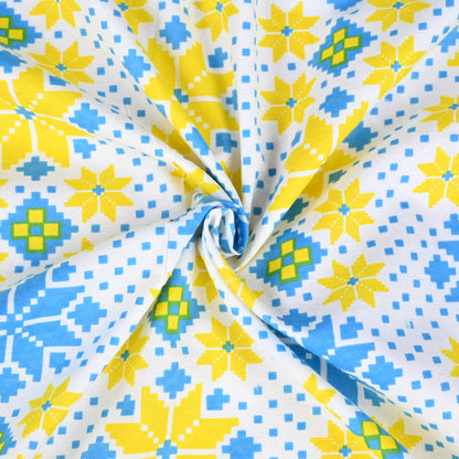 Azure Gold Floral 144 TC Polycotton Double Fitted Bedsheet With 2 Pillowcovers