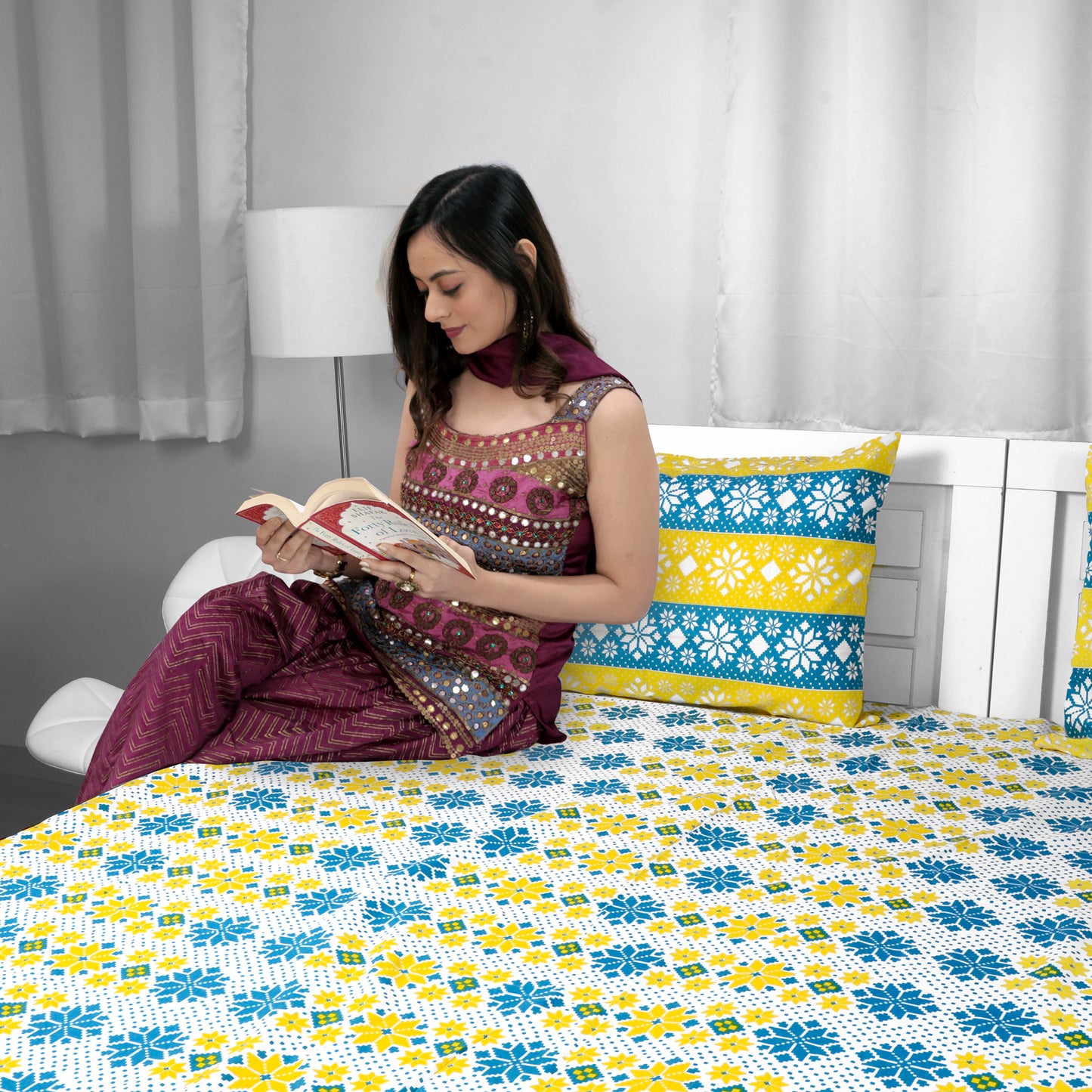 Royal Blue Gold Floral 144 TC Polycotton Double Bedsheet With 2 Pillowcovers