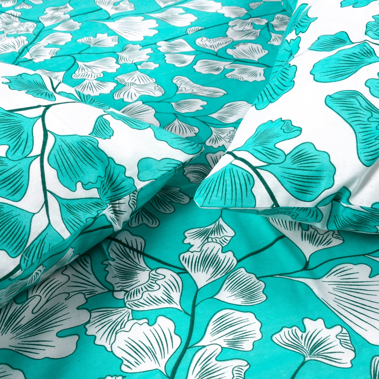 Teal & White Floral 144 TC Polycotton Double Bedsheet With 2 Pillowcovers