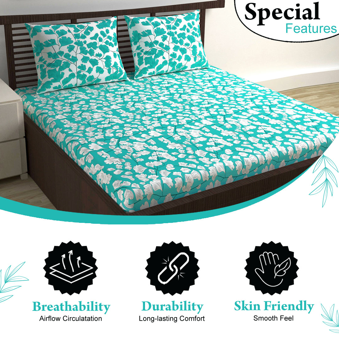 Teal & White Floral 144 TC Polycotton Double Bedsheet With 2 Pillowcovers