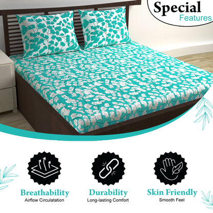 Teal & White Floral 144 TC Polycotton Double Bedsheet With 2 Pillowcovers