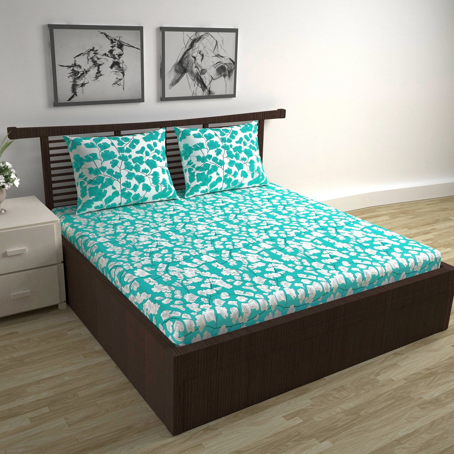 Teal & White Floral 144 TC Polycotton Double Bedsheet With 2 Pillowcovers
