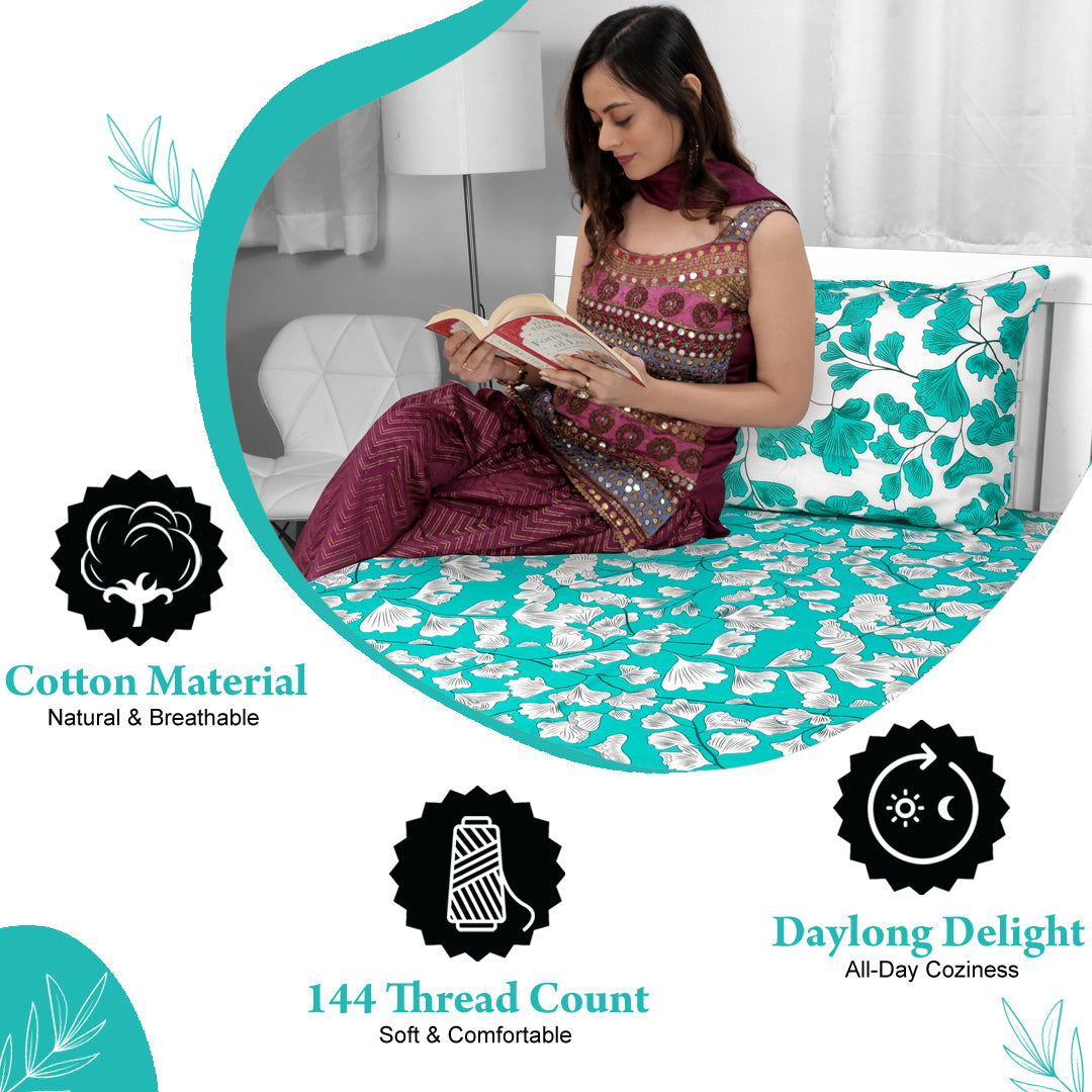 Teal & White Floral 144 TC Polycotton Single Bedsheet With 1 Pillowcover