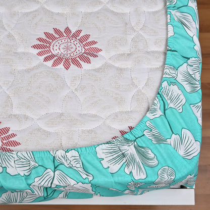 Teal Whisper Floral 144 TC Polycotton Double Fitted Bedsheet With 2 Pillowcovers