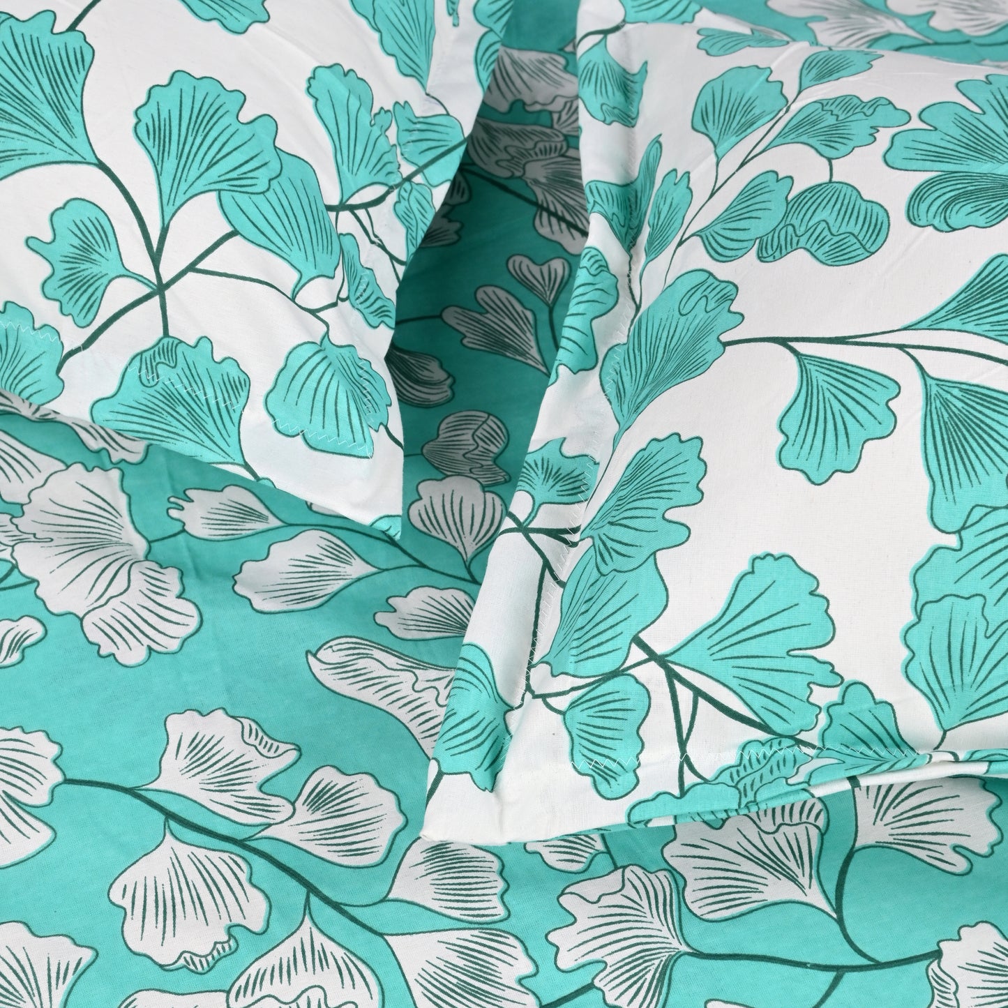 Teal Whisper Floral 144 TC Polycotton Double Fitted Bedsheet With 2 Pillowcovers