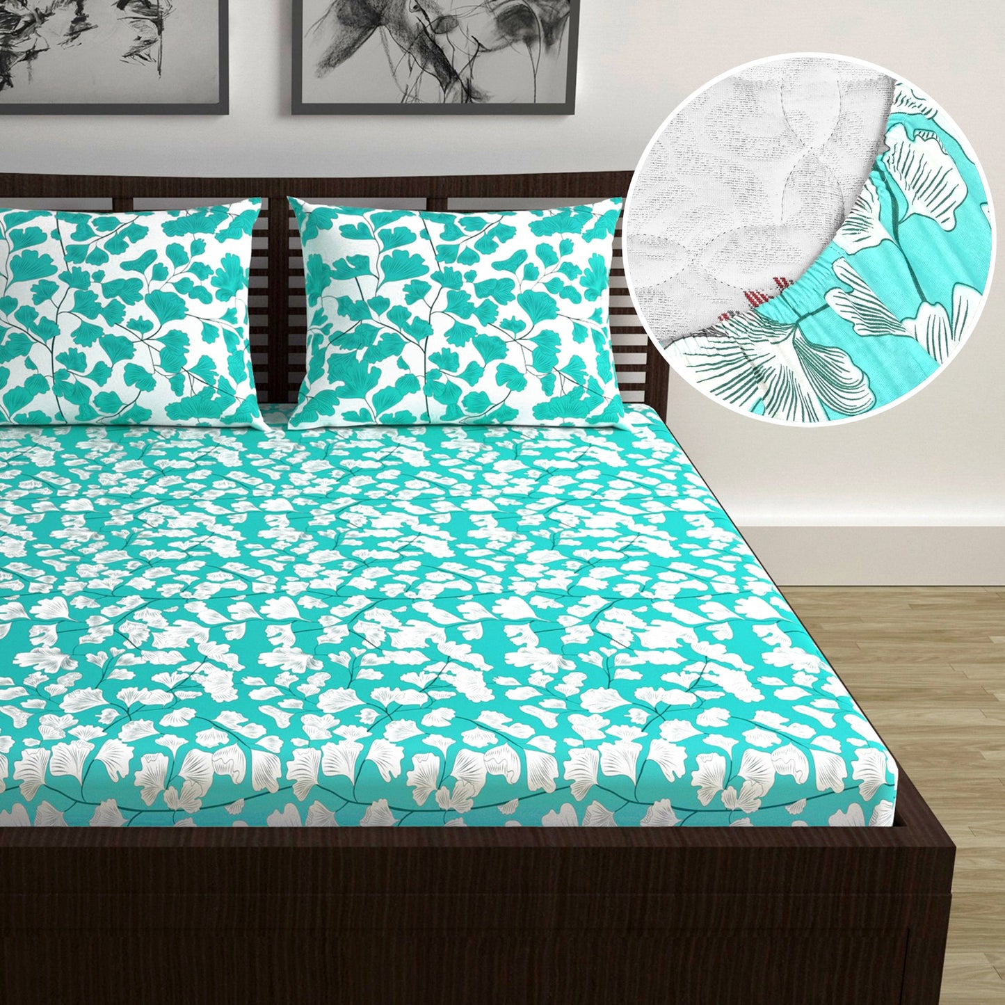 Teal Whisper Floral 144 TC Polycotton Double Fitted Bedsheet With 2 Pillowcovers