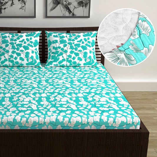 Teal Whisper Floral 144 TC Polycotton Double Fitted Bedsheet With 2 Pillowcovers
