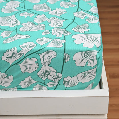 Teal Whisper Floral 144 TC Polycotton Double Fitted Bedsheet With 2 Pillowcovers