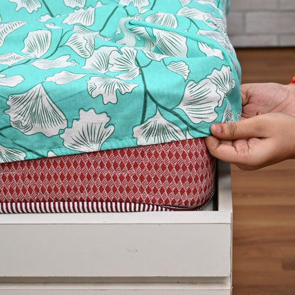 Teal Whisper Floral 144 TC Polycotton Double Fitted Bedsheet With 2 Pillowcovers