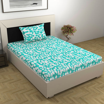 Teal & White Floral 144 TC Polycotton Single Bedsheet With 1 Pillowcover