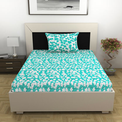 Teal & White Floral 144 TC Polycotton Single Bedsheet With 1 Pillowcover